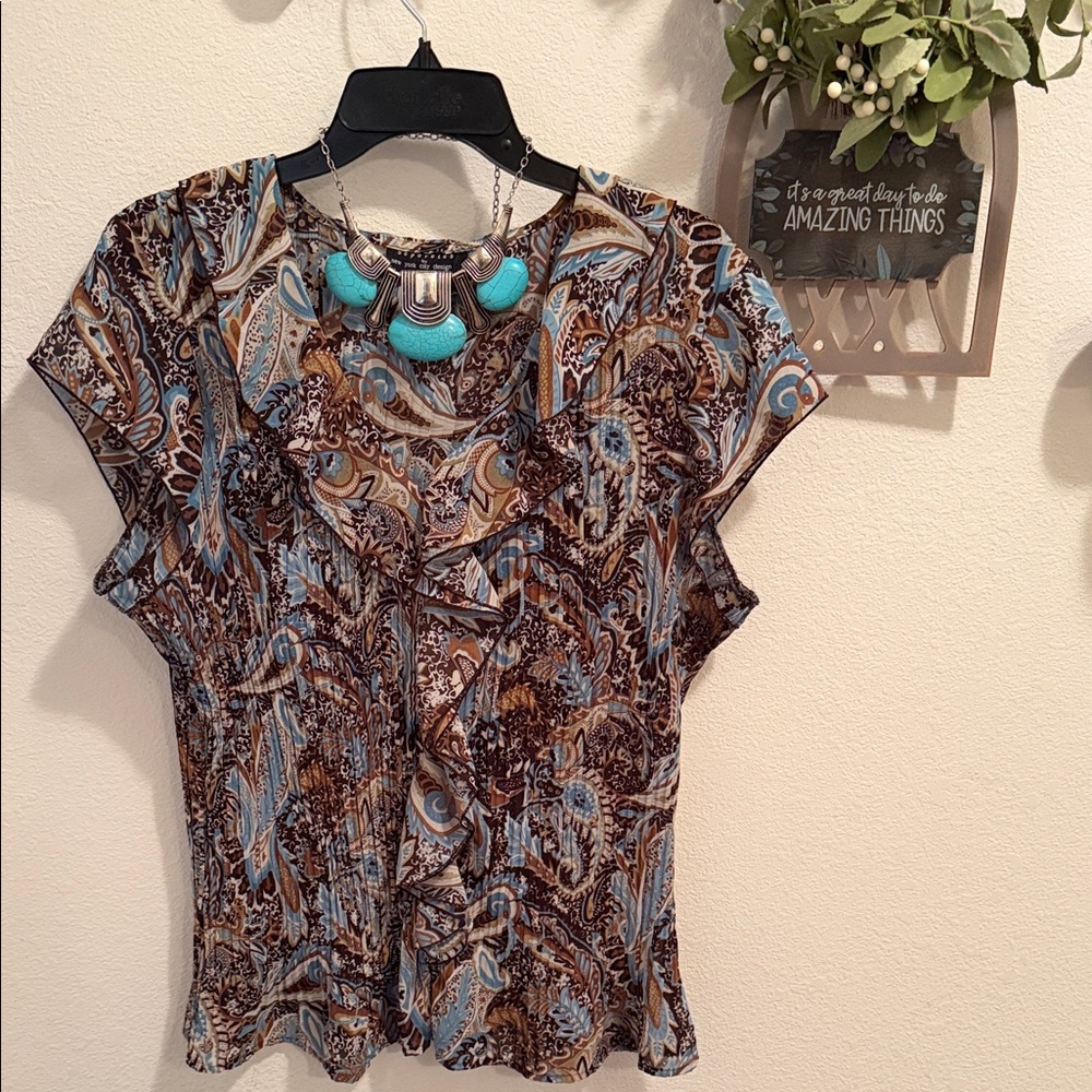 Elegant Paisley Ruffle Top in Brown and Blue